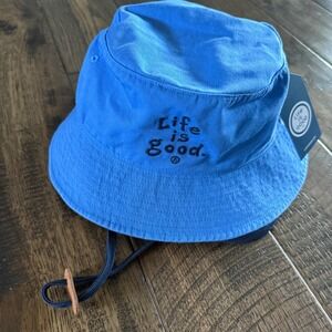 Life Is Good NEw Vintage Wordmark Bucket Hat Cornflower Blue Cotton OS